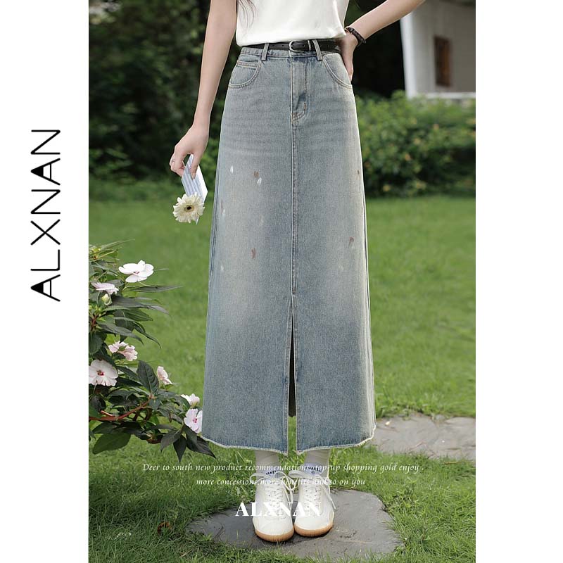 Denim Skirt Midi Vintage - ALXNAN Women Vintage Denim Blue Midi