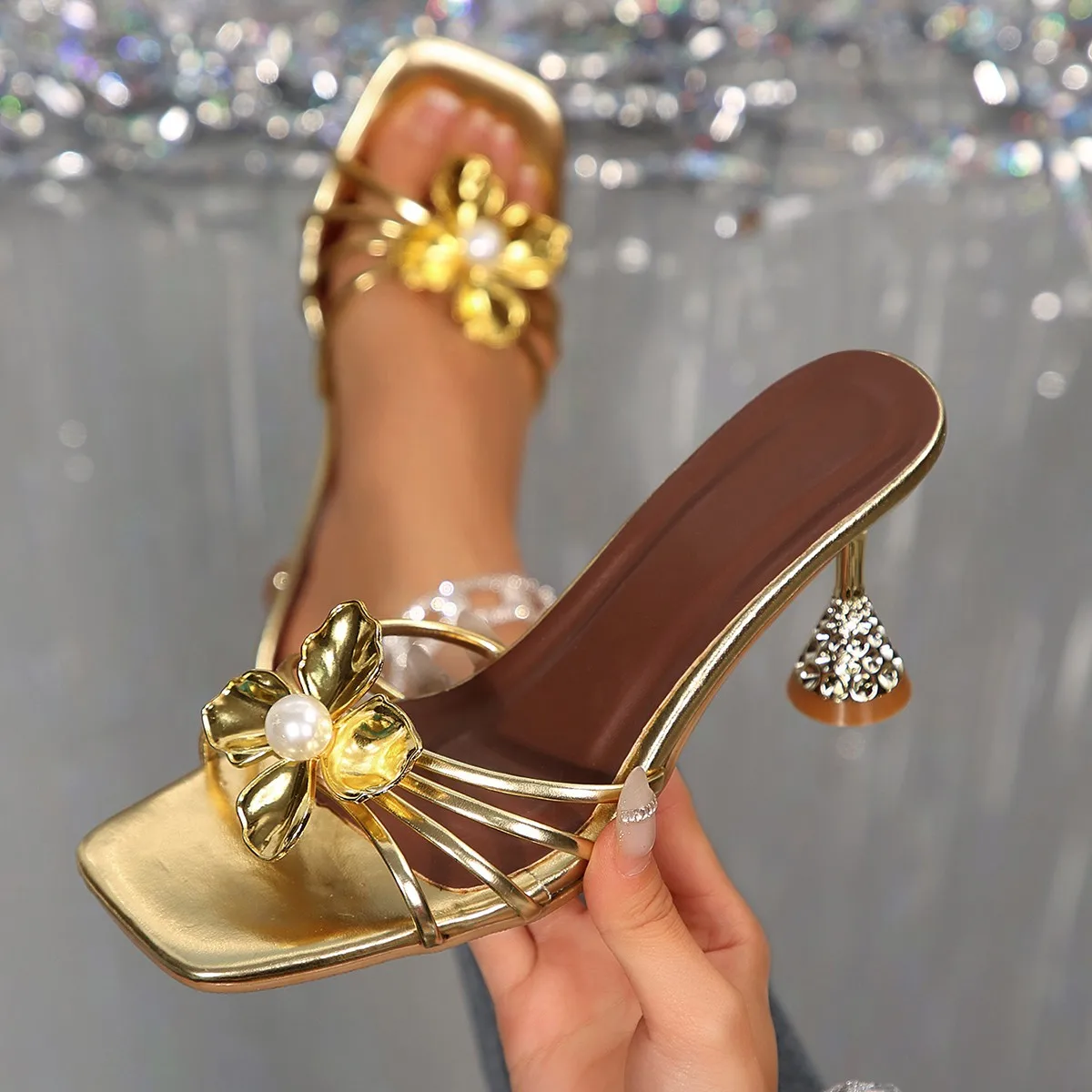 Vintage Fashion Designers - Vintage Metal Flower Crystal Cone Heel