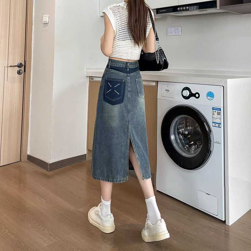 Denim Skirt Midi Vintage - Spring Summer New Retro Color Block