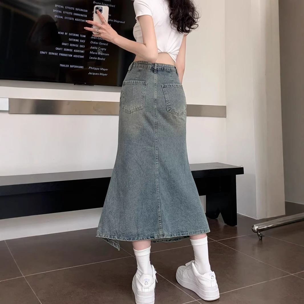 Korean High Waist Vintage Blue - огляд і ціна Denim Skirt Midi Vintage