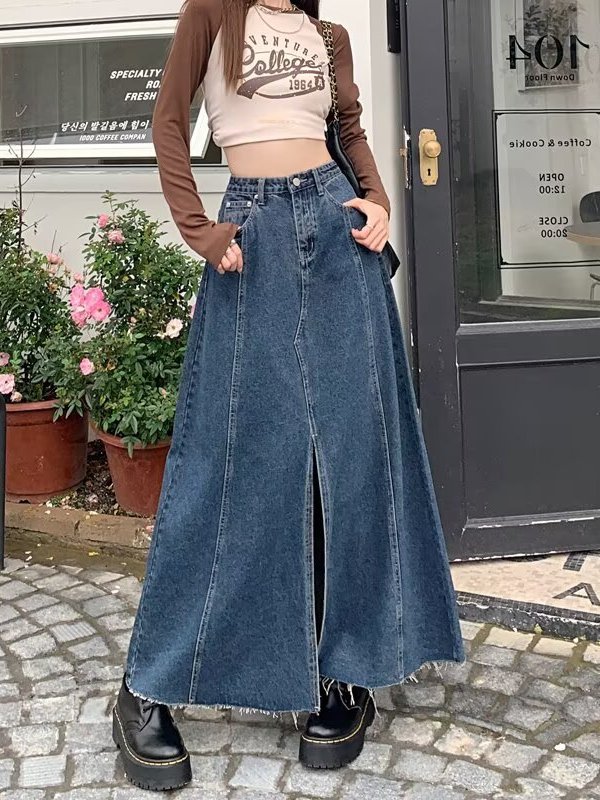 High Waist Slit Denim  Skirt W - огляд і ціна Denim Skirt Midi Vintage