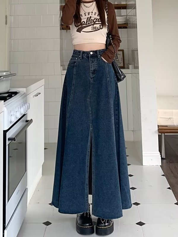 High Waist Slit Denim  Skirt W - огляд і ціна Denim Skirt Midi Vintage