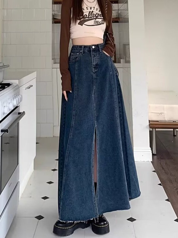 High Waist Slit Denim  Skirt W - огляд і ціна Denim Skirt Midi Vintage