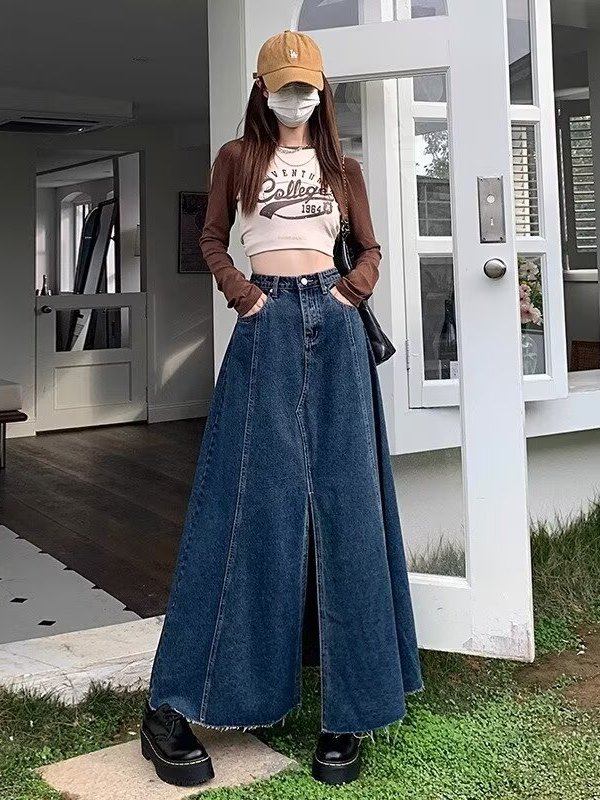 High Waist Slit Denim  Skirt W - огляд і ціна Denim Skirt Midi Vintage